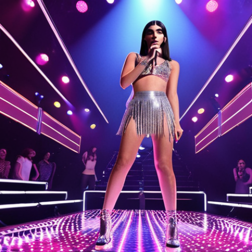 Home 4 **Dua Lipa on stage, performing "Don't Start Now", disco lights, Studio 54 vibe, modern pop concert setting.** (Focus: Disco revival and Dua Lipa's stage presence)