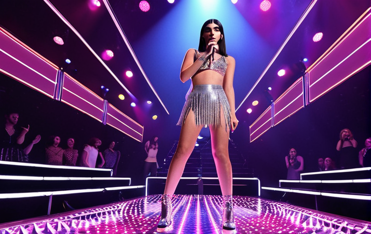 **Dua Lipa on stage, performing "Don't Start Now", disco lights, Studio 54 vibe, modern pop concert setting.** (Focus: Disco revival and Dua Lipa's stage presence)
